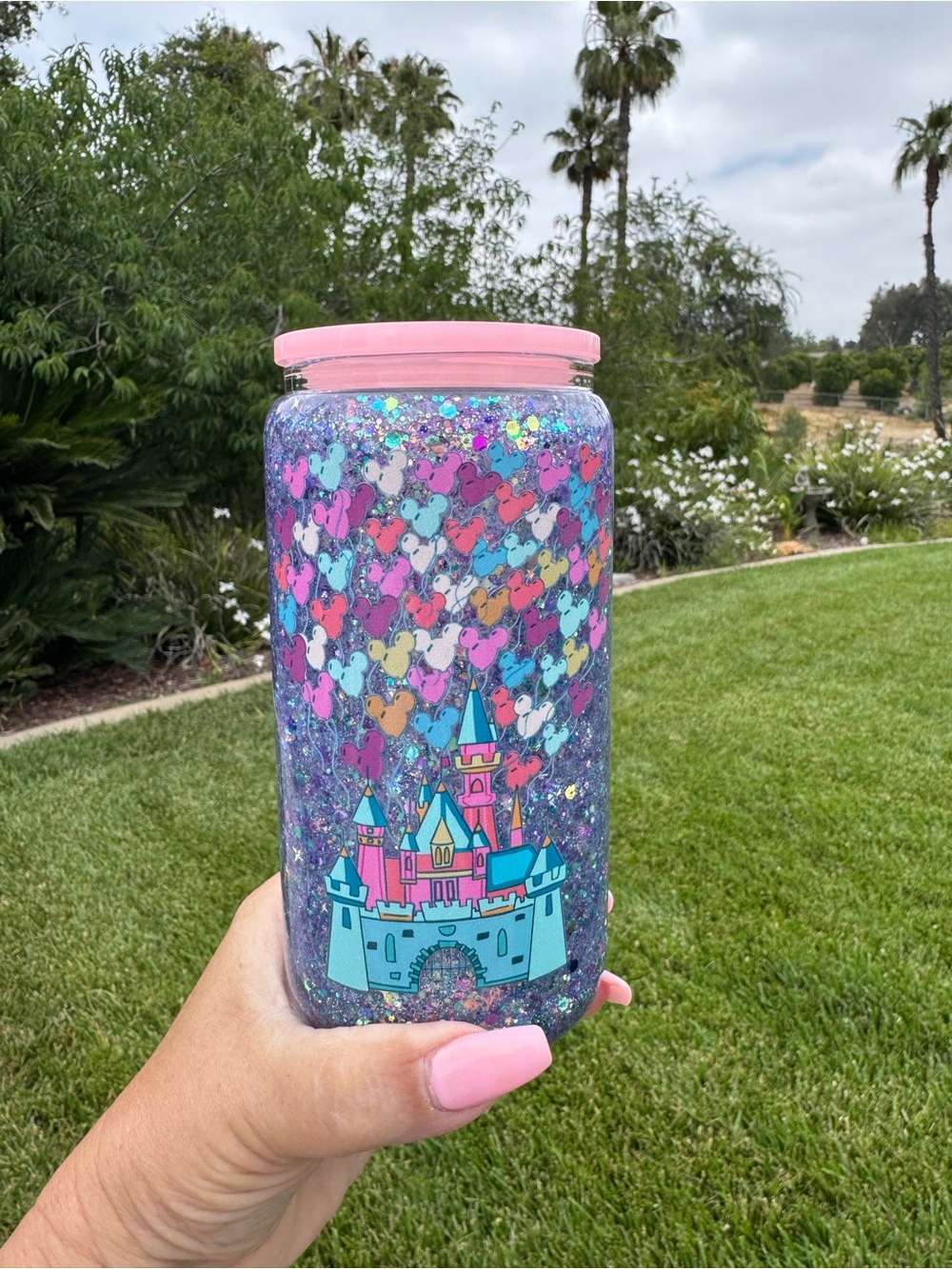 Happiest place on earth Disneyland balloons and Minnie ears. Snow globe tumbler